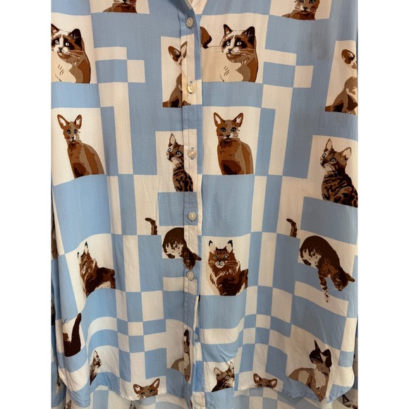 Jane + Delancey Women XL Blue White Checkered Cat Print Rayon Button Down Shirt - Picture 4 of 7